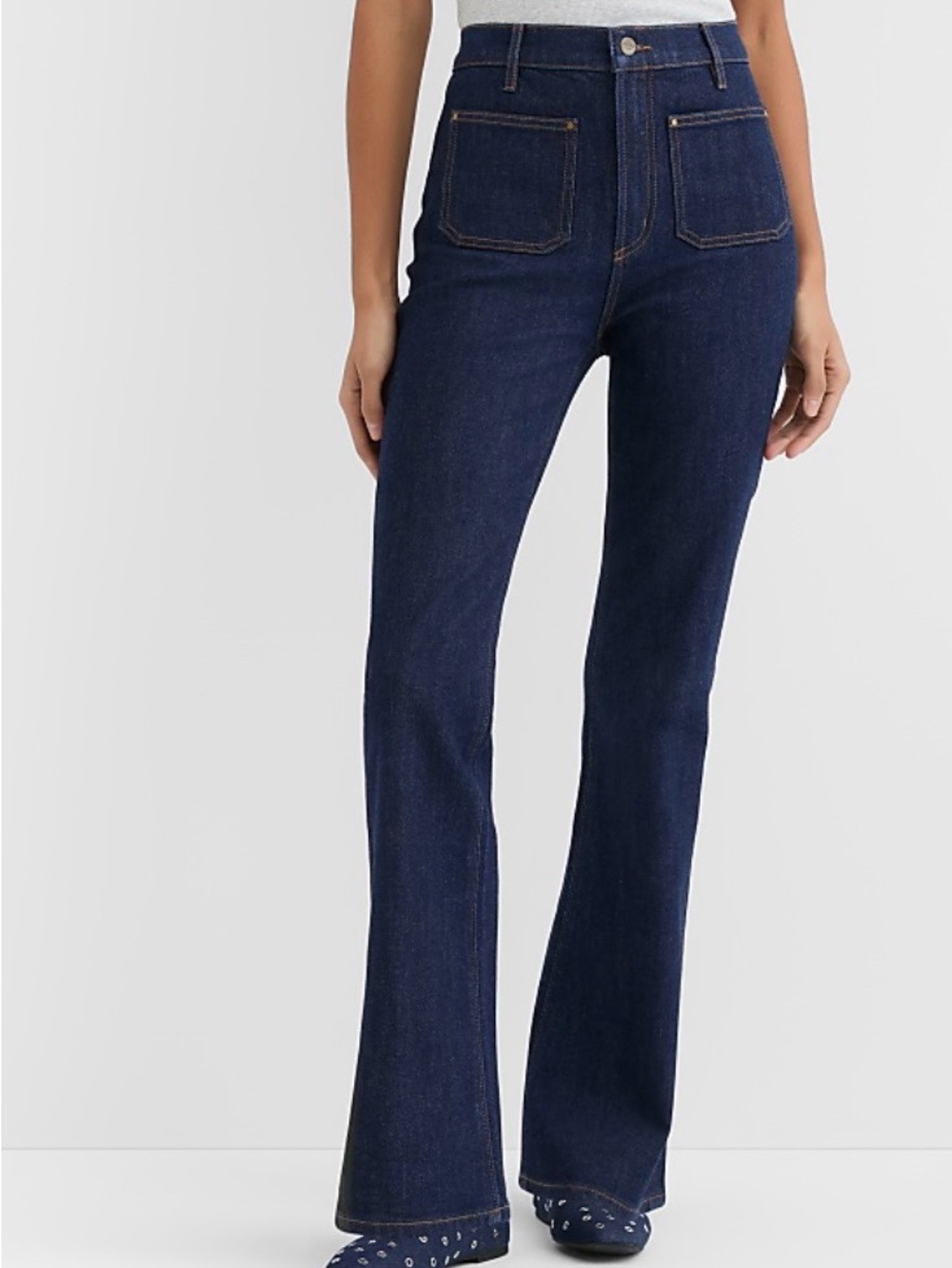 Rivete Petite Patch Pocket High Rise Slim Flare Jeans in Classic Rinse Wash